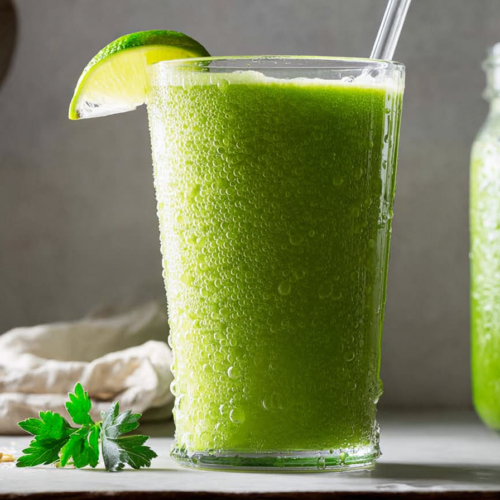 A vibrant Detox Island Green Smoothie with a smooth, bright green texture, garnished with a sprig of mint and a fresh lime slice.