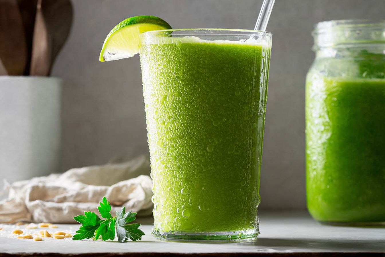 A vibrant Detox Island Green Smoothie with a smooth, bright green texture, garnished with a sprig of mint and a fresh lime slice.