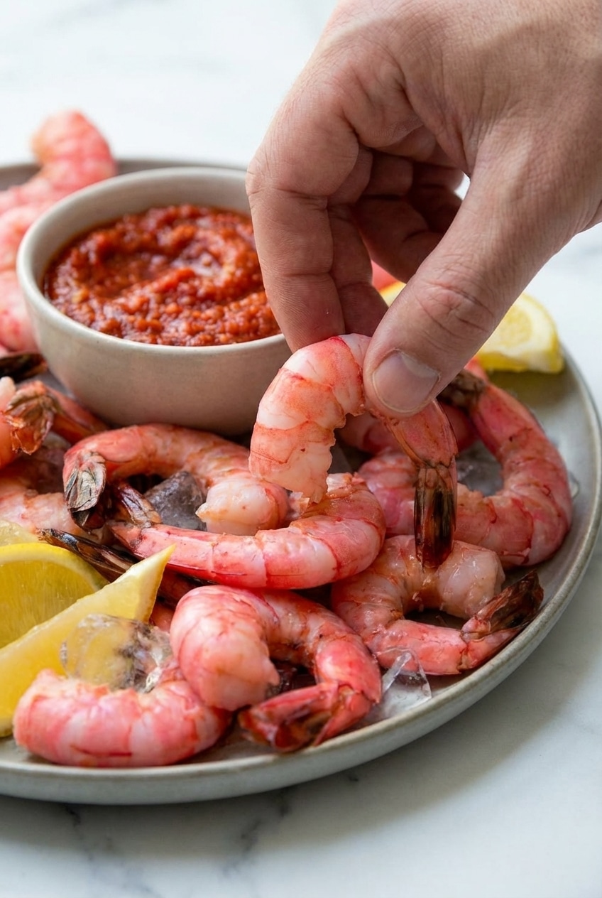Close-up of deveining a jumbo shrimp for the shrimp cocktail recipe, showing the clean preparation.