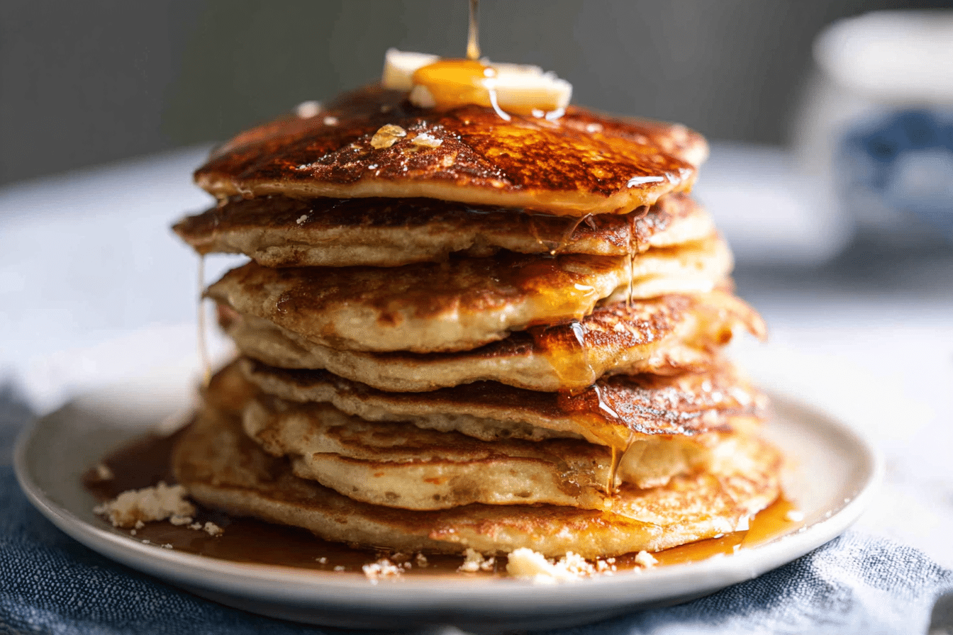 Stack of golden brown double-malt brown butter pancakes drizzled with syrup and topped with a pat of butter, emphasizing the unique pancake mix.