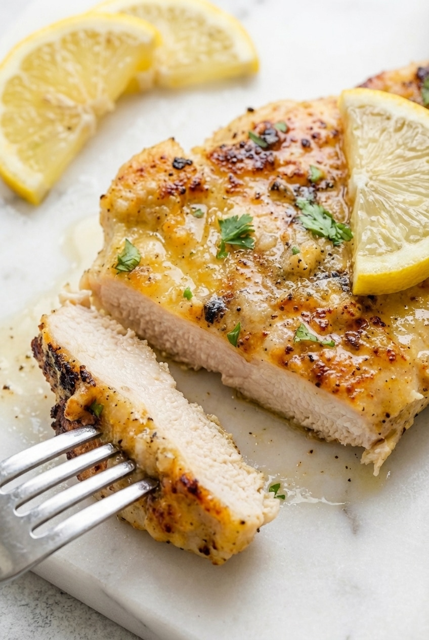 Partially cooked lemon chicken cutlet being dredged, showcasing the even coating of breading for a perfect Maillard reaction.