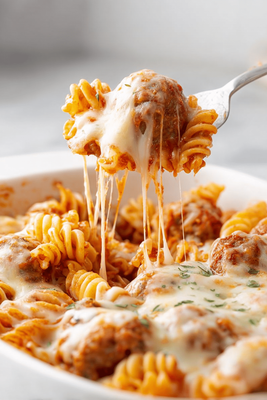 A close-up of the Dump and Bake Meatball Casserole, showing perfectly cooked rotini pasta, tender meatballs, and melted cheese bubbling from the oven.