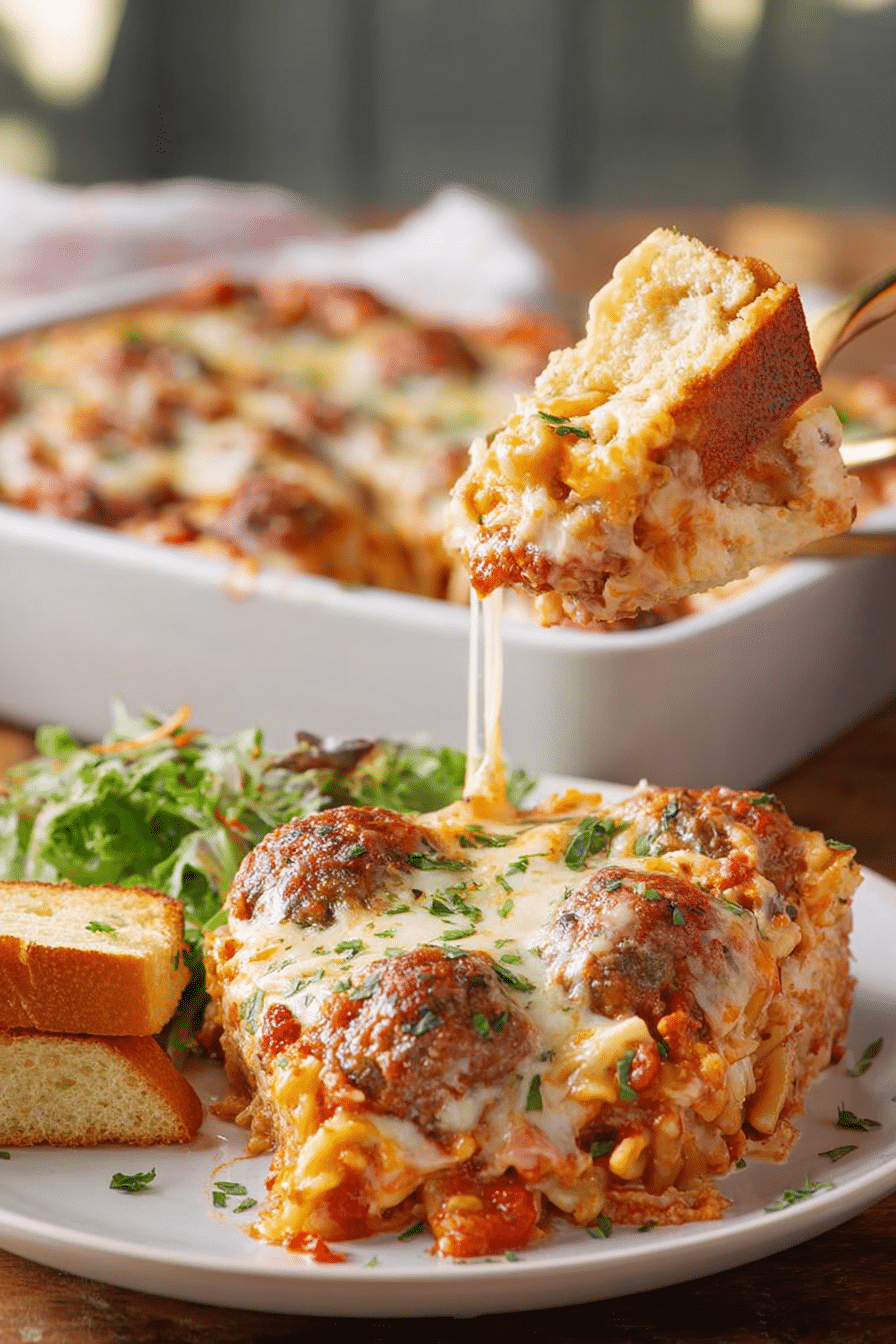 A serving of Dump and Bake Meatball Casserole with fresh parsley atop a family dinner table, ready to be enjoyed.