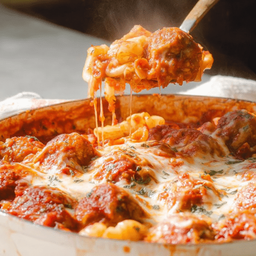 A bubbling Dump and Bake Meatball Casserole in a baking dish, featuring rotini pasta, meatballs, and melted mozzarella, enhanced by tomato-infused broth.
