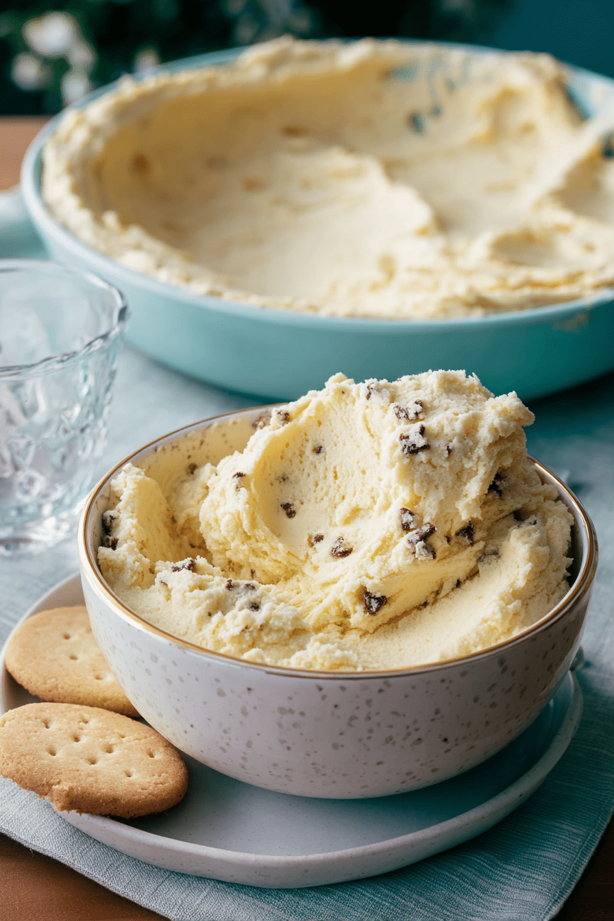 A lifestyle shot of Edible Cottage Cheese Cookie Dough served in a small bowl on a rustic wooden board, ready for a cozy snack.