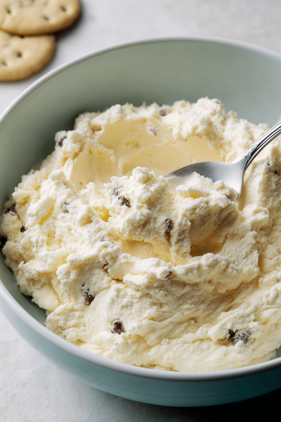 A macro close-up of thick, creamy Edible Cottage Cheese Cookie Dough showing its smooth texture and melted chocolate chips.