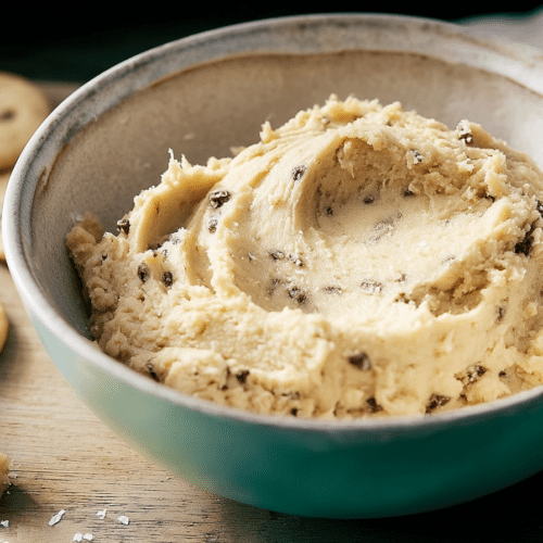 A scoop of Edible Cottage Cheese Cookie Dough, enriched with browned butter and flaky sea salt, dotted with chocolate chips in a small dish.