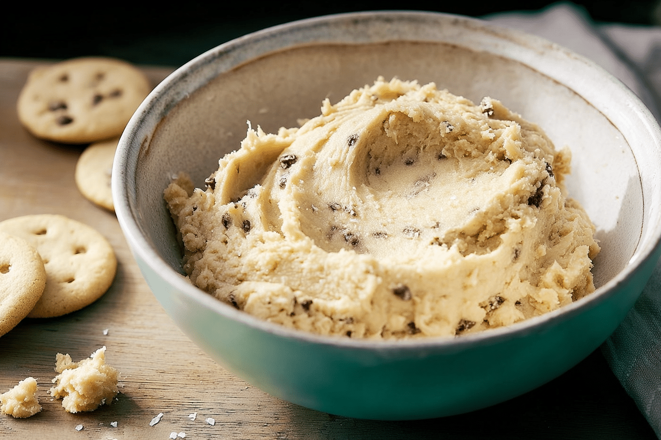 A scoop of Edible Cottage Cheese Cookie Dough, enriched with browned butter and flaky sea salt, dotted with chocolate chips in a small dish.