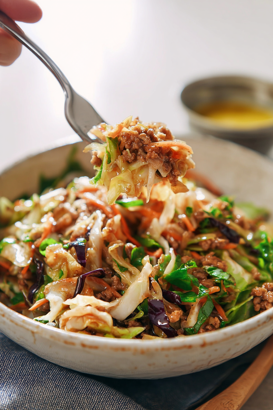 Close-up of the rich, savory sauce coating the tender meat and vegetables in the egg roll in a bowl.
