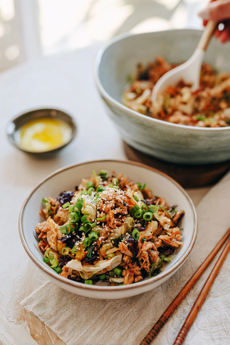 A lifestyle scene showing a large bowl of egg roll in a bowl, ready for a casual weeknight dinner.