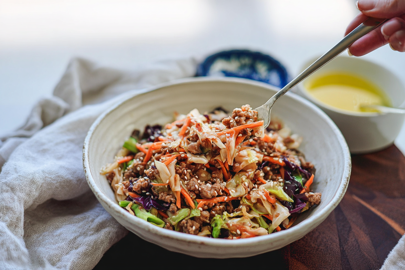 Hearty egg roll in a bowl with savory ground pork and finely chopped shiitake mushrooms, garnished with toasted sesame seeds and a drizzle of sesame oil.