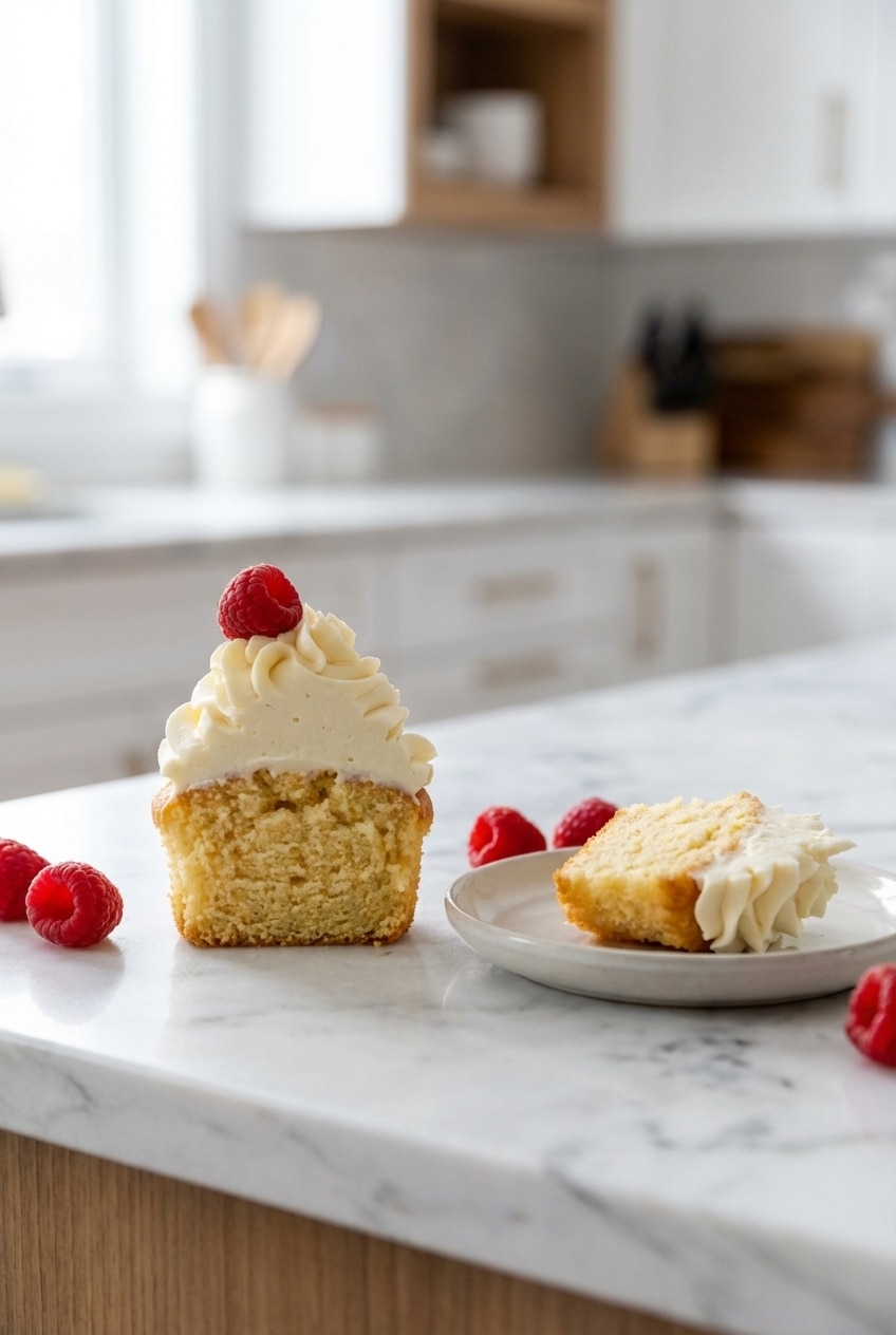 A frosted vanilla cupcake recipe displayed on a decorative plate, ready to be served at an elegant gathering.