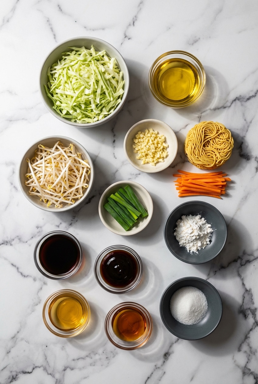 A flat lay of fresh chow mein recipe ingredients: egg noodles, chicken, bean sprouts, bok choy, soy sauce, and Shaoxing wine.