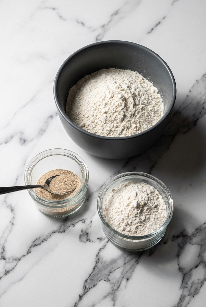 Flat lay of raw ingredients for Artisan Bread, including Bread Flour, yeast, salt, water, and the unique addition of diastatic malt powder.