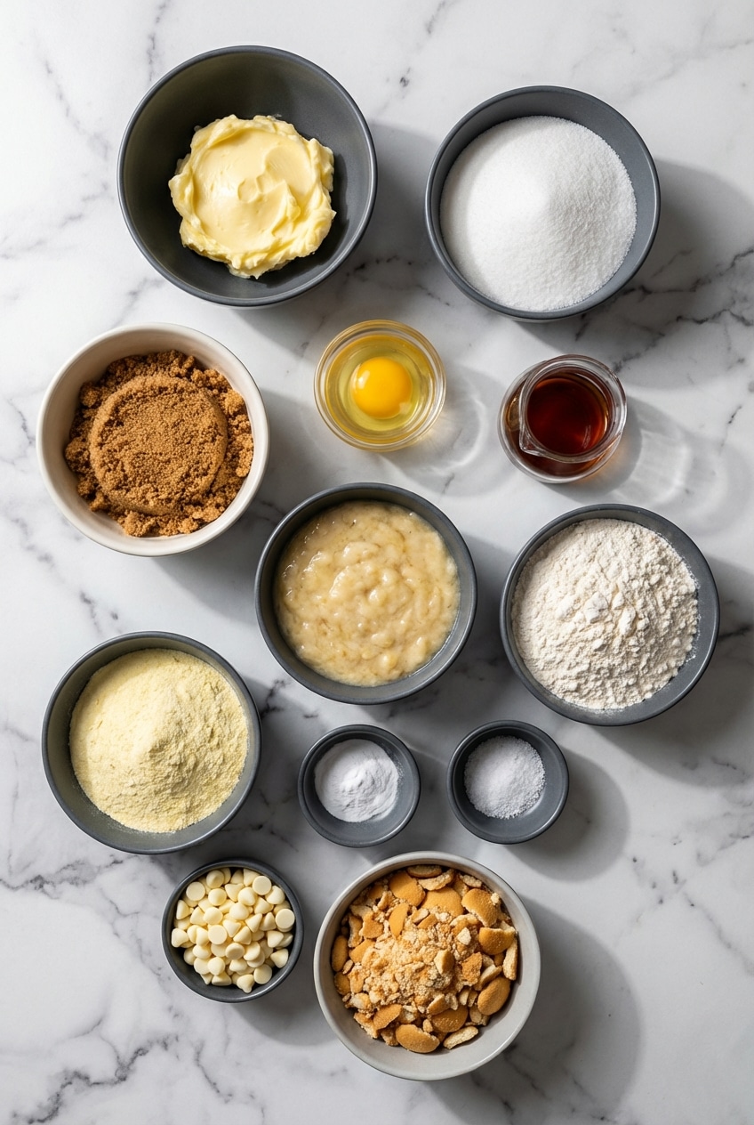 An overhead flat lay of raw ingredients for banana pudding cookies, including ripe bananas, Nilla Wafers, and instant banana cream pudding mix.