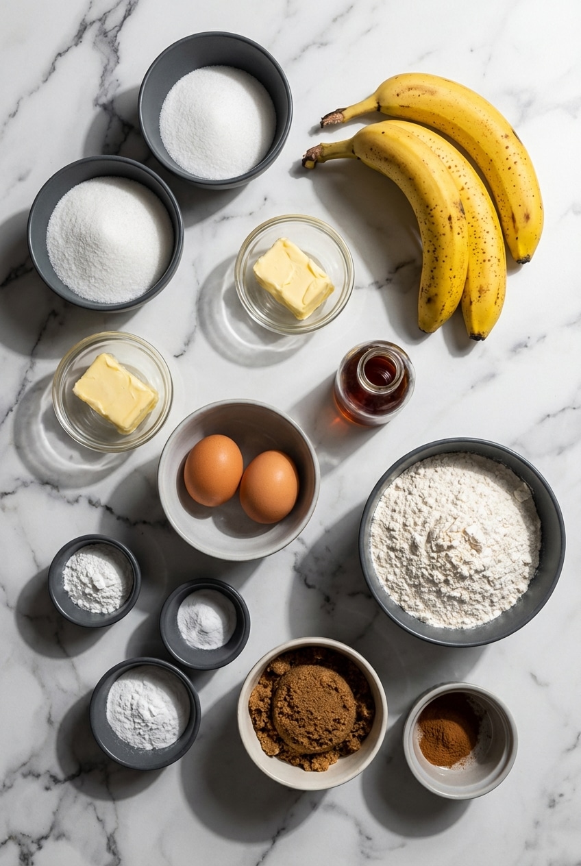 Flat lay of ingredients for Banana Streusel Muffins, including overripe bananas, brown sugar, flour, and butter.