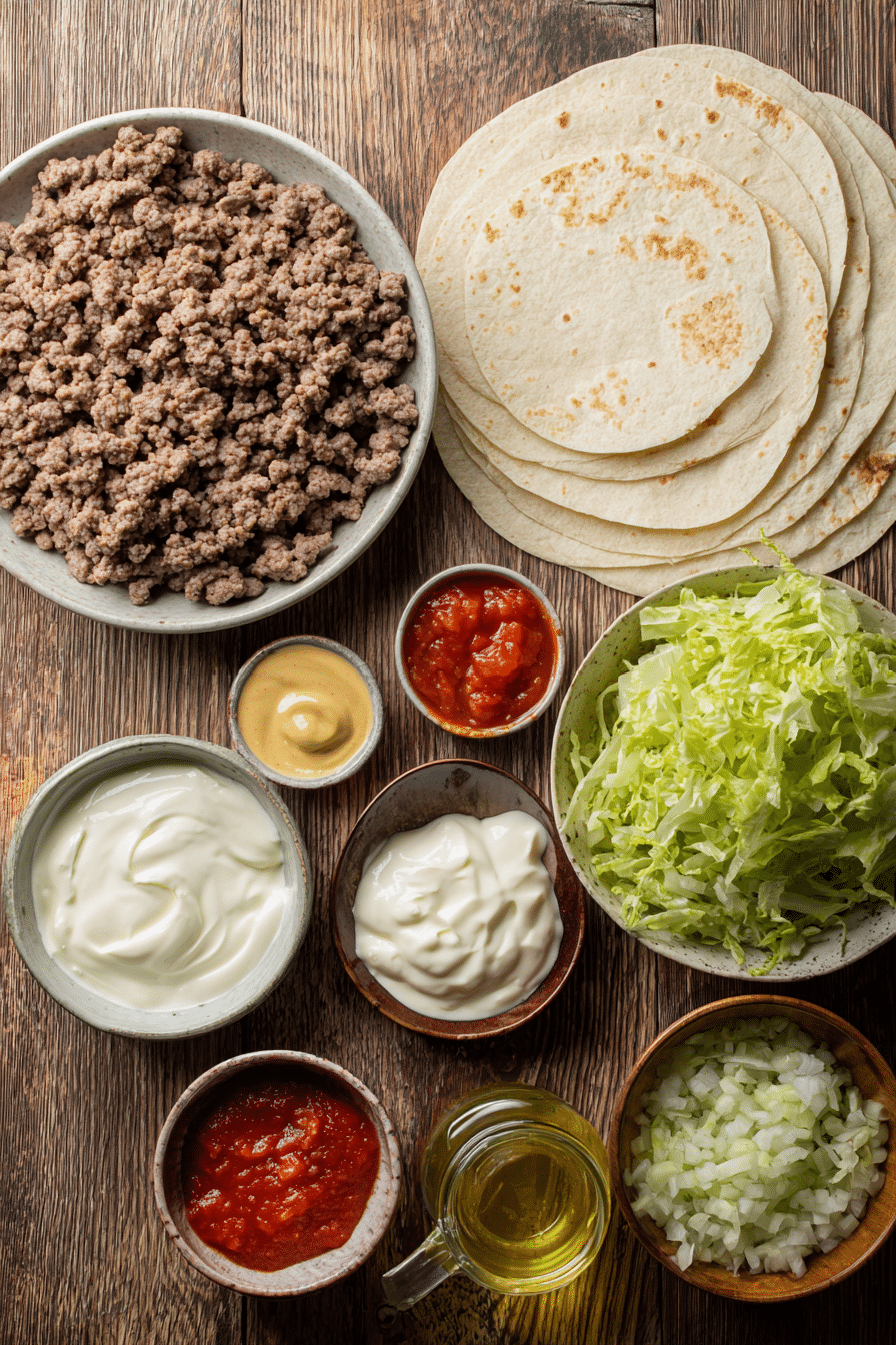Flat lay of ingredients for Big Mac Smash Tacos, featuring ground beef, flour tortillas, fresh lettuce, dill pickles, and various sauces including mayonnaise and relish.
