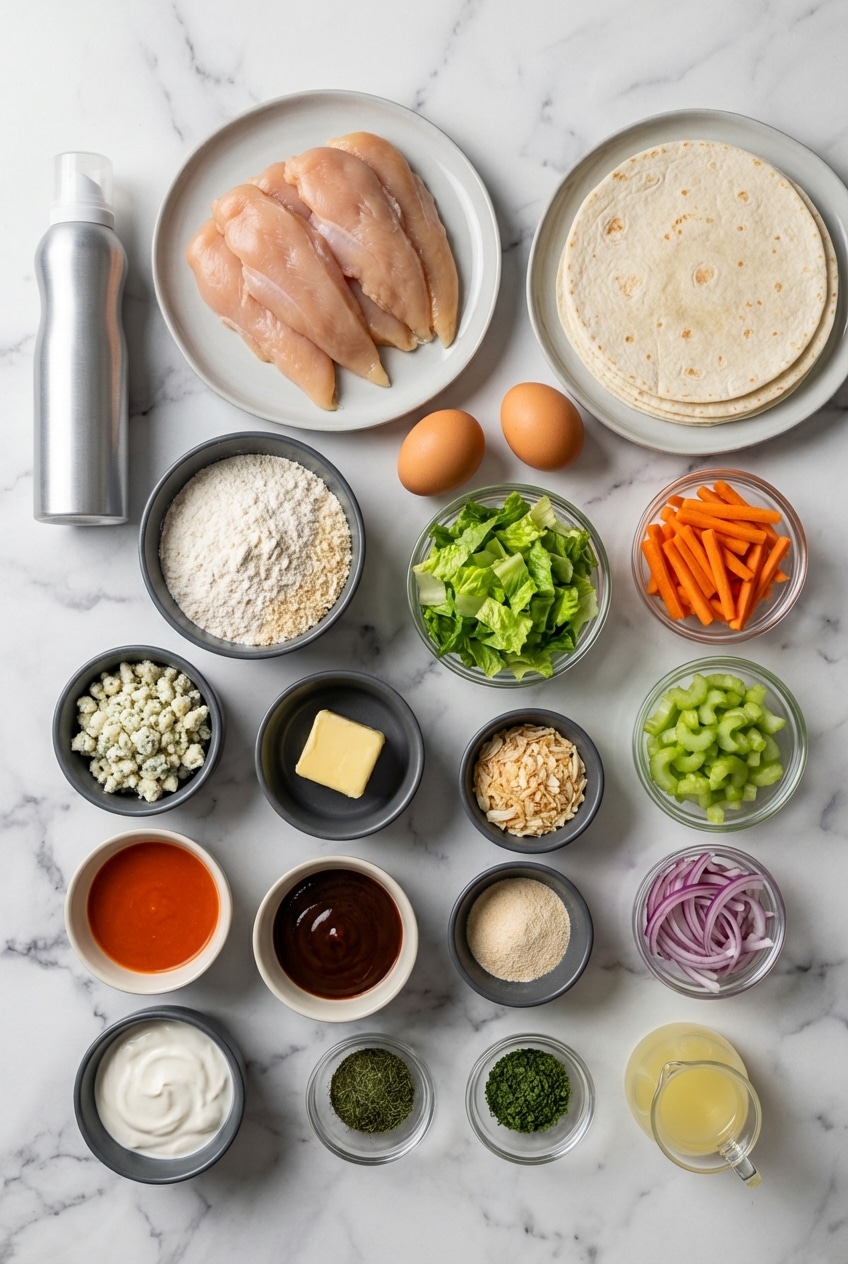 Overhead view of ingredients for buffalo chicken wraps, including rotisserie chicken, Frank's RedHot, Panko breadcrumbs, and lettuce.