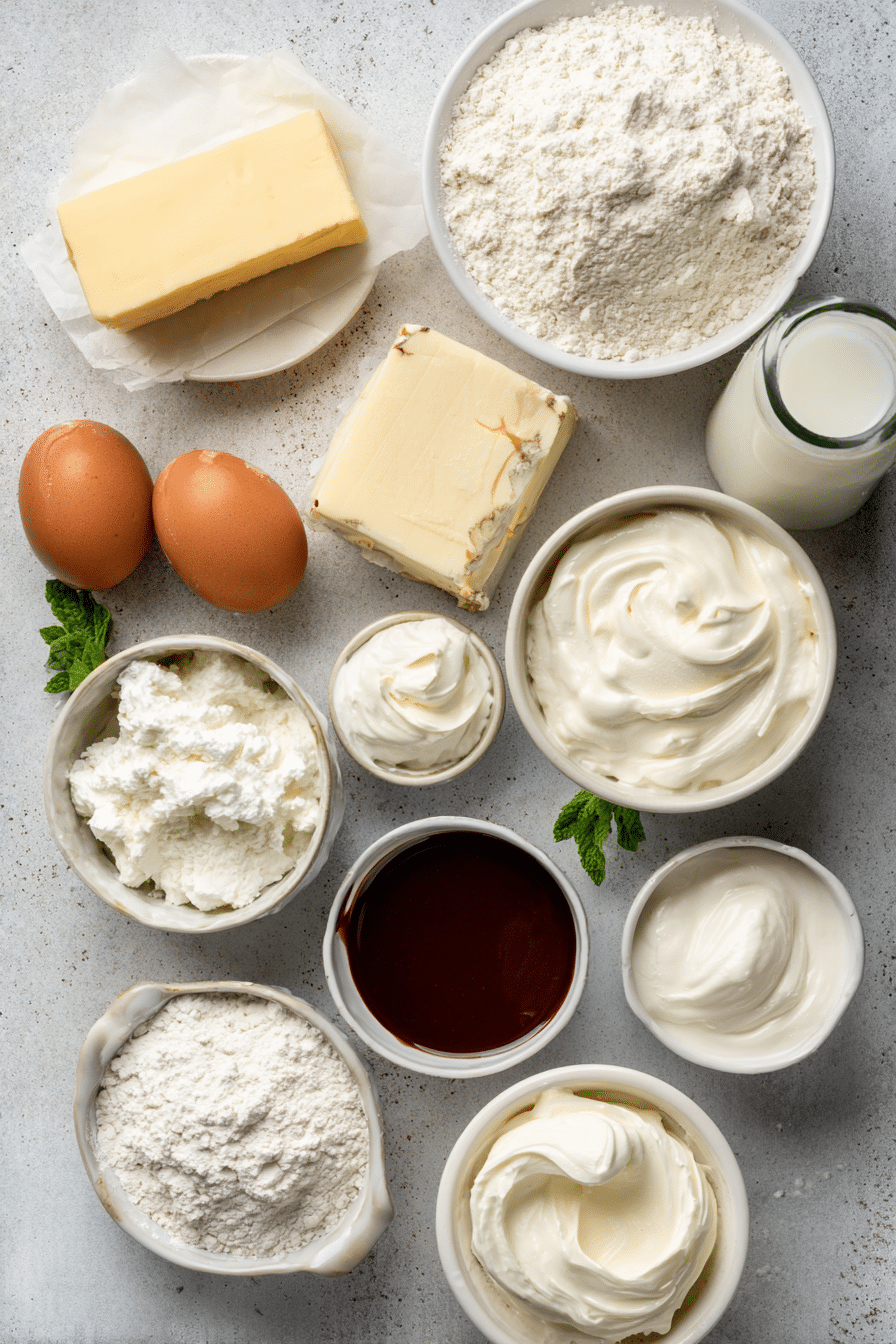 Overhead view of raw ingredients for Chocolate Eclair Cake: instant pudding mix, cream cheese, cold milk, and chocolate syrup.