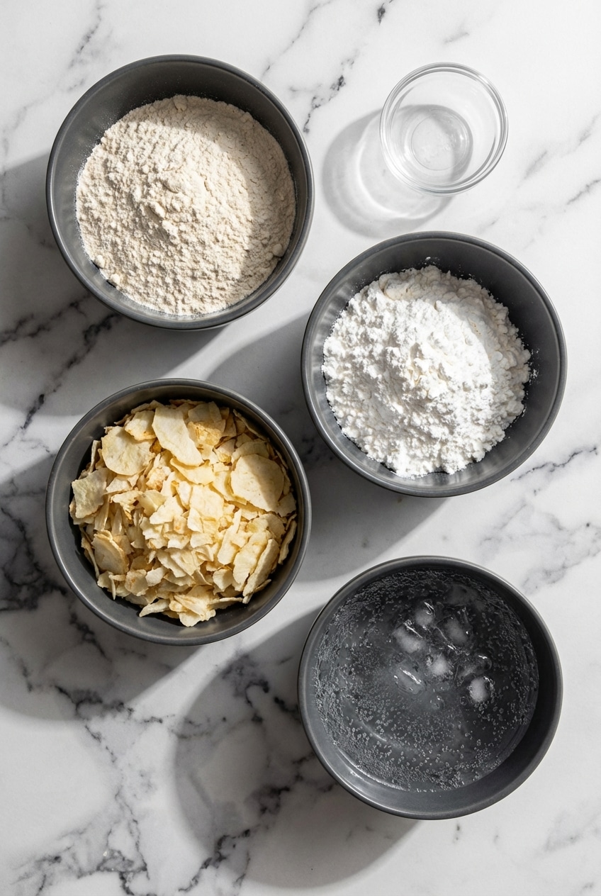 A flat lay of raw ingredients for an onion rings recipe, including large Vidalia onions, Panko breadcrumbs, vegetable oil, and cornstarch.