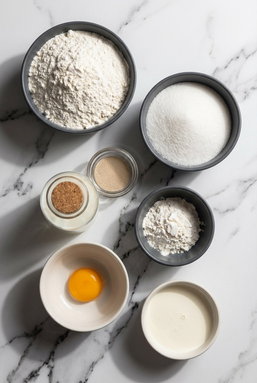 Flat lay of ingredients for a Croissant Recipe, including European-style butter, flour, yeast, and sugar.