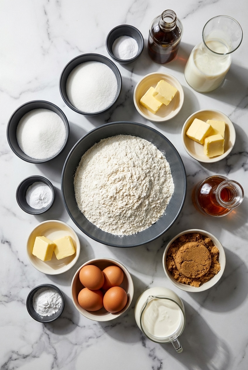 A flat lay of raw ingredients including buttermilk, all-purpose flour, butter, and seasonings for salted caramel kentucky butter cake.
