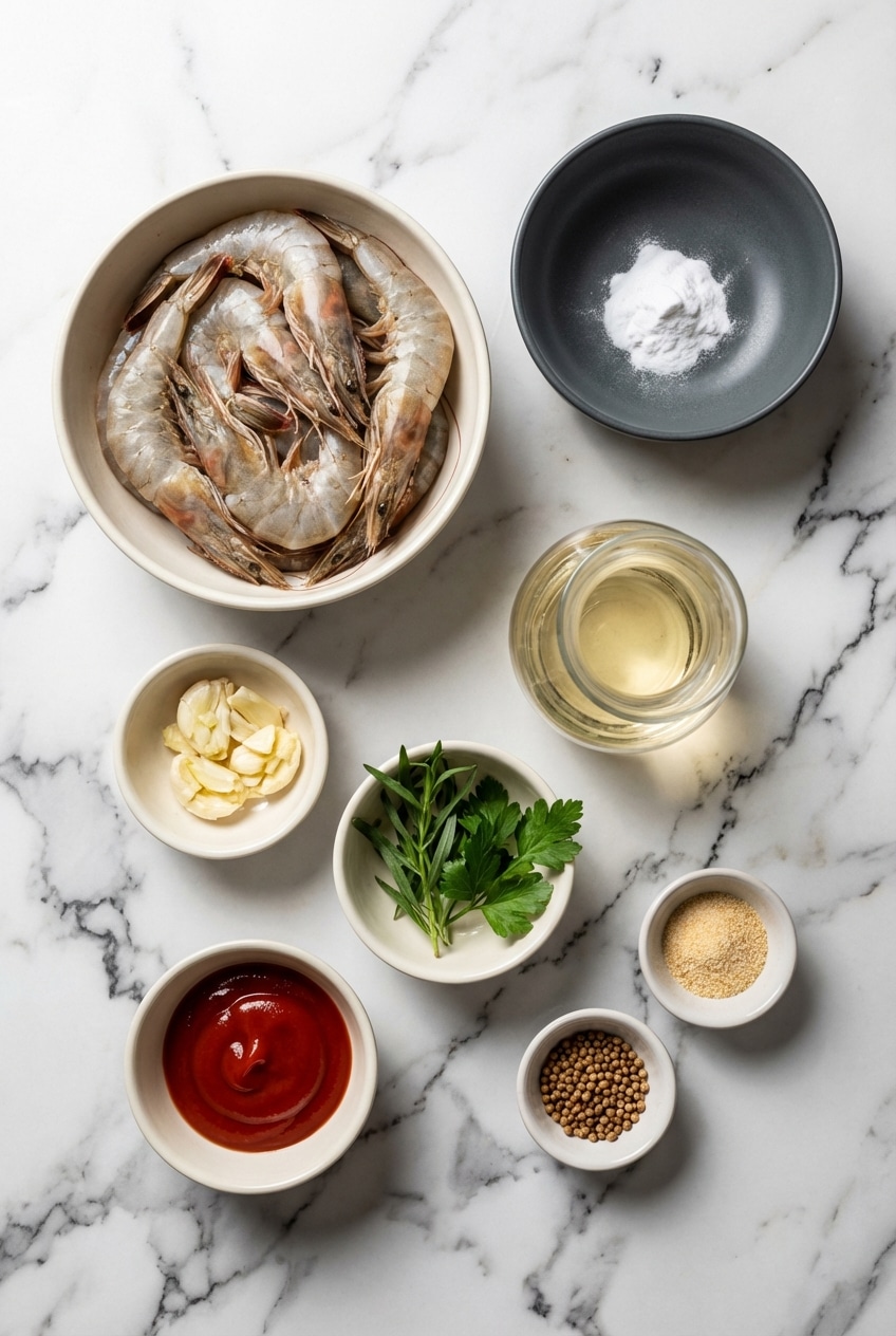 Overhead flat lay of raw ingredients for shrimp cocktail recipe, including jumbo shrimp, lemons, Old Bay seasoning, and herbs.