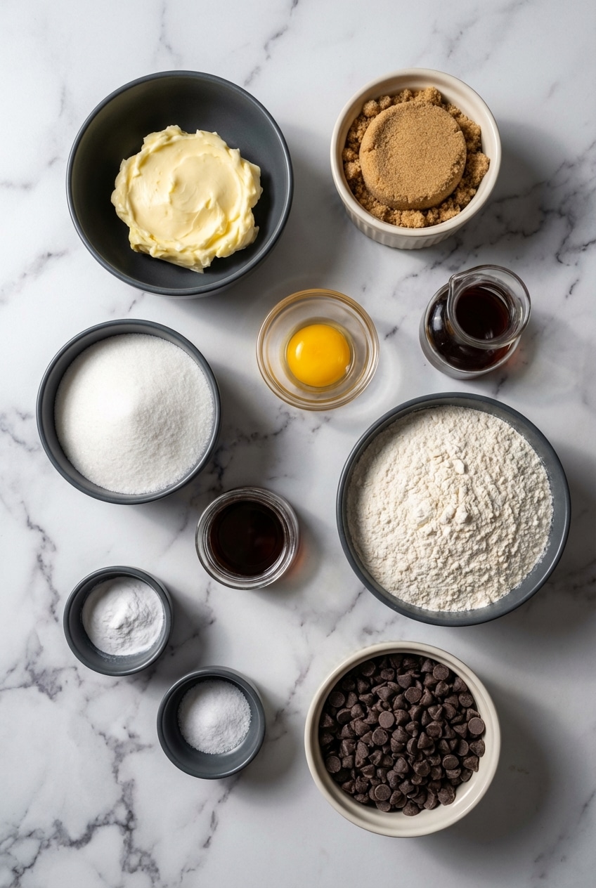 Flat lay of small batch chocolate chip cookie ingredients: unsalted butter, light brown sugar, all-purpose flour, and semi-sweet chocolate chips.