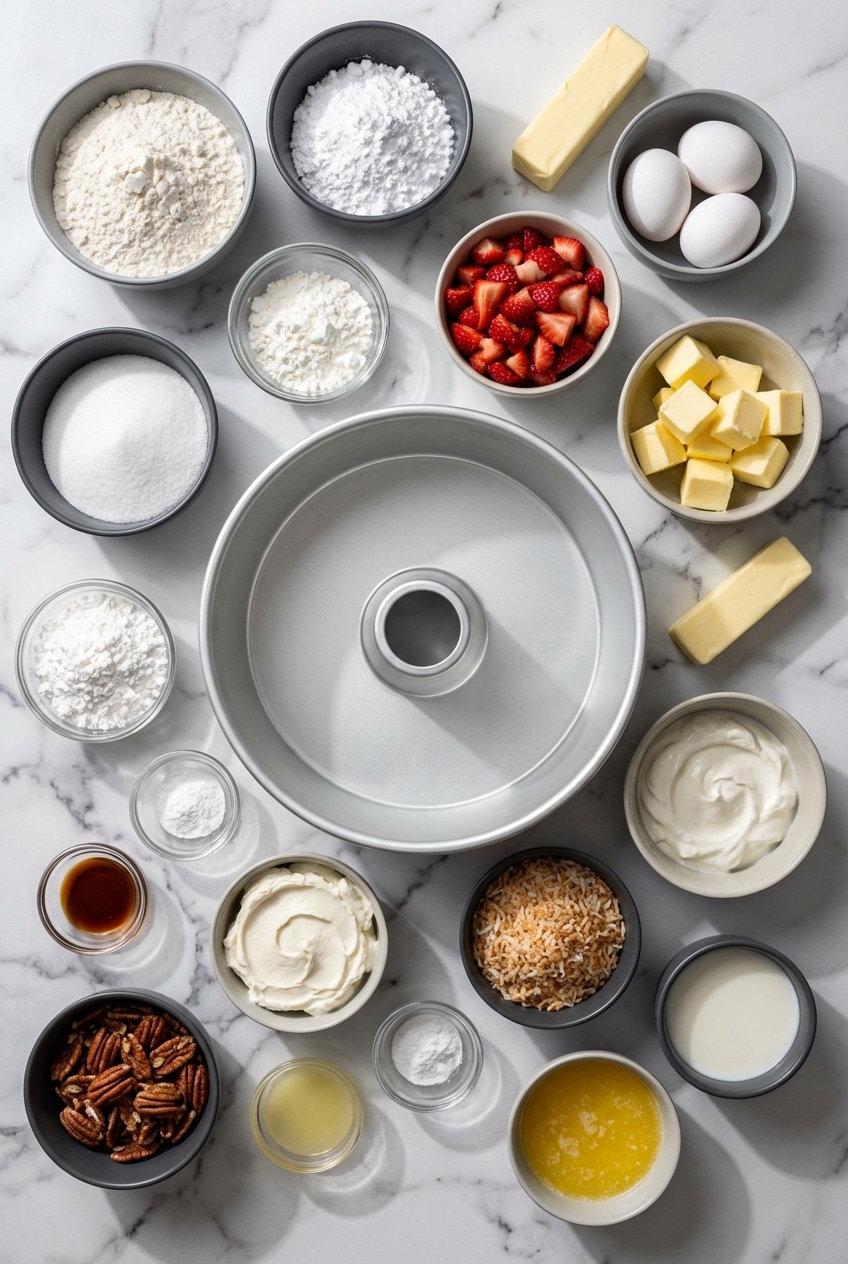 Overhead view of coffee cake ingredients: fresh strawberries, sour cream, flour, and balsamic glaze.