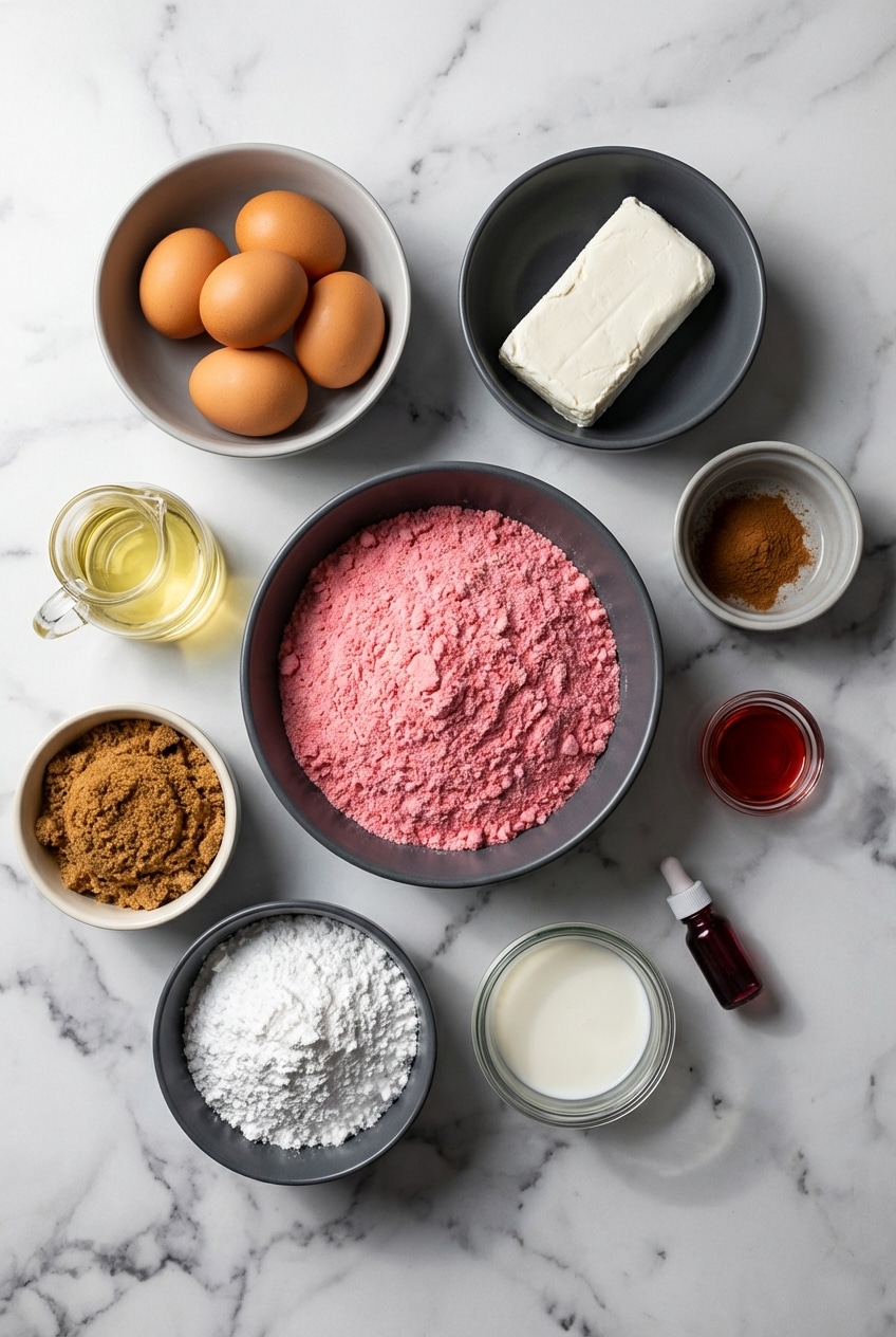 Overhead view of raw ingredients for strawberry honey bun cake, featuring a box of Strawberry Cake Mix, cream cheese, and confectioners sugar.