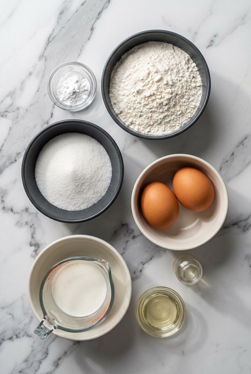 Overhead flat lay of ingredients for a vanilla cupcake recipe, including flour, caster sugar, vanilla bean, and buttermilk.
