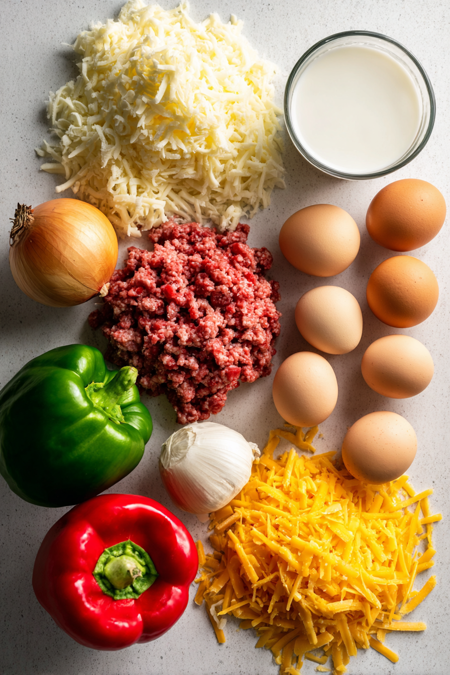 Overhead shot of fresh ingredients for Hashbrown Breakfast Casserole, including frozen hash browns, bell peppers, onion, pork sausage, and cheddar cheese.