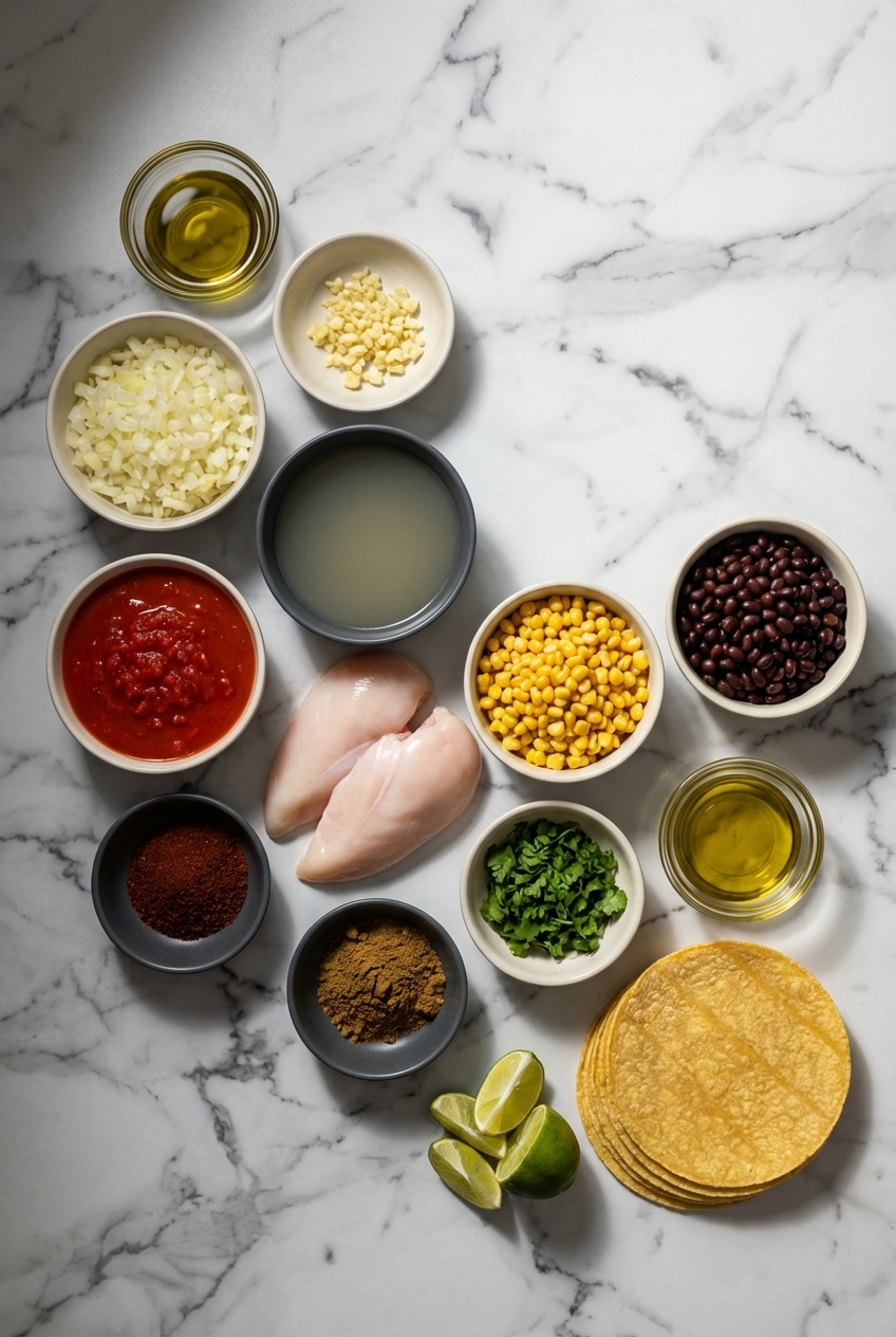 A flat lay of raw ingredients for tortilla soup recipe featuring yellow corn tortillas, fire-roasted tomatoes, rotisserie chicken, and chipotle in adobo.