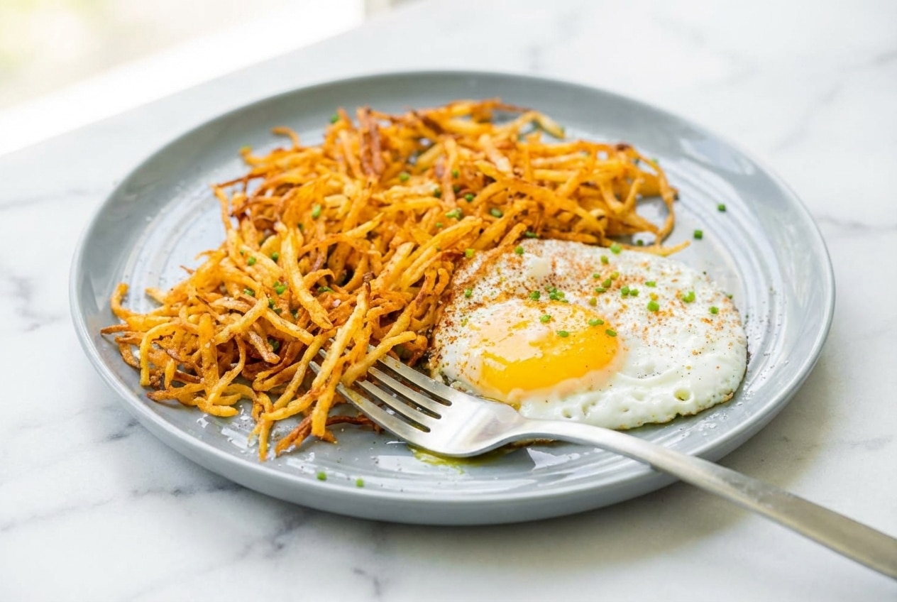 Crispy air fryer hash browns with a cornstarch dusting for extra crunch.