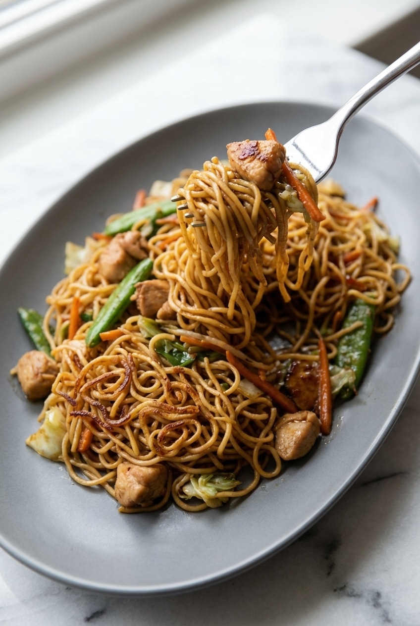 A serving of chow mein nestled in a white bowl, garnished with green onions, ready to be enjoyed with chopsticks.