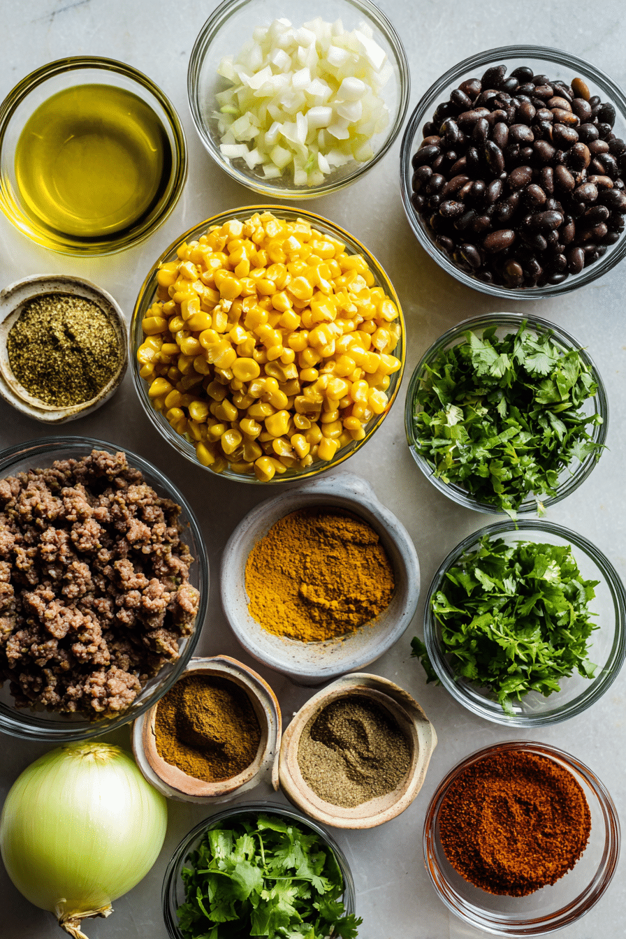 Overhead view of raw ingredients for a burrito bowl recipe, including cilantro, jalapeños, black beans, rice, and ground beef.