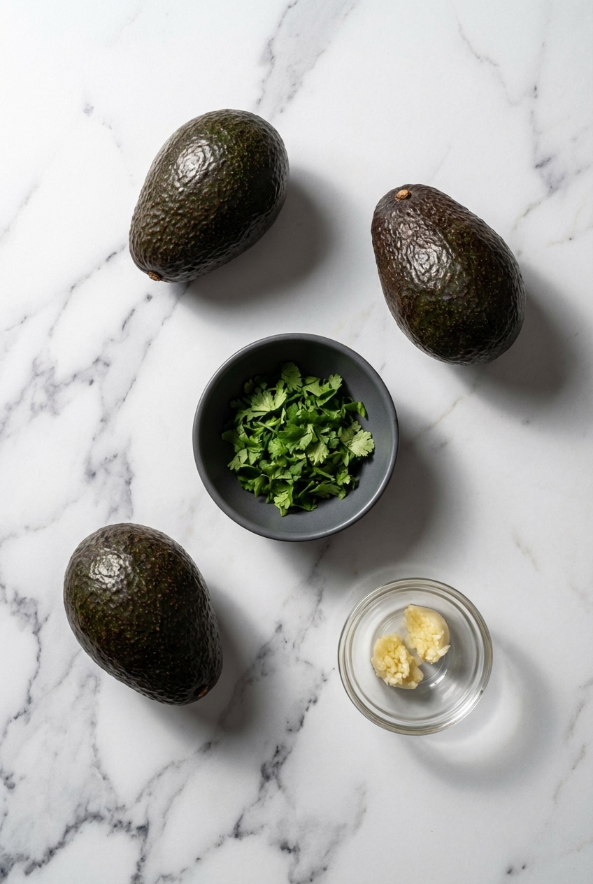 A flat lay of fresh Hass avocados, bright green cilantro, and a vibrant red jalapeño, ready for a delicious guacamole recipe.