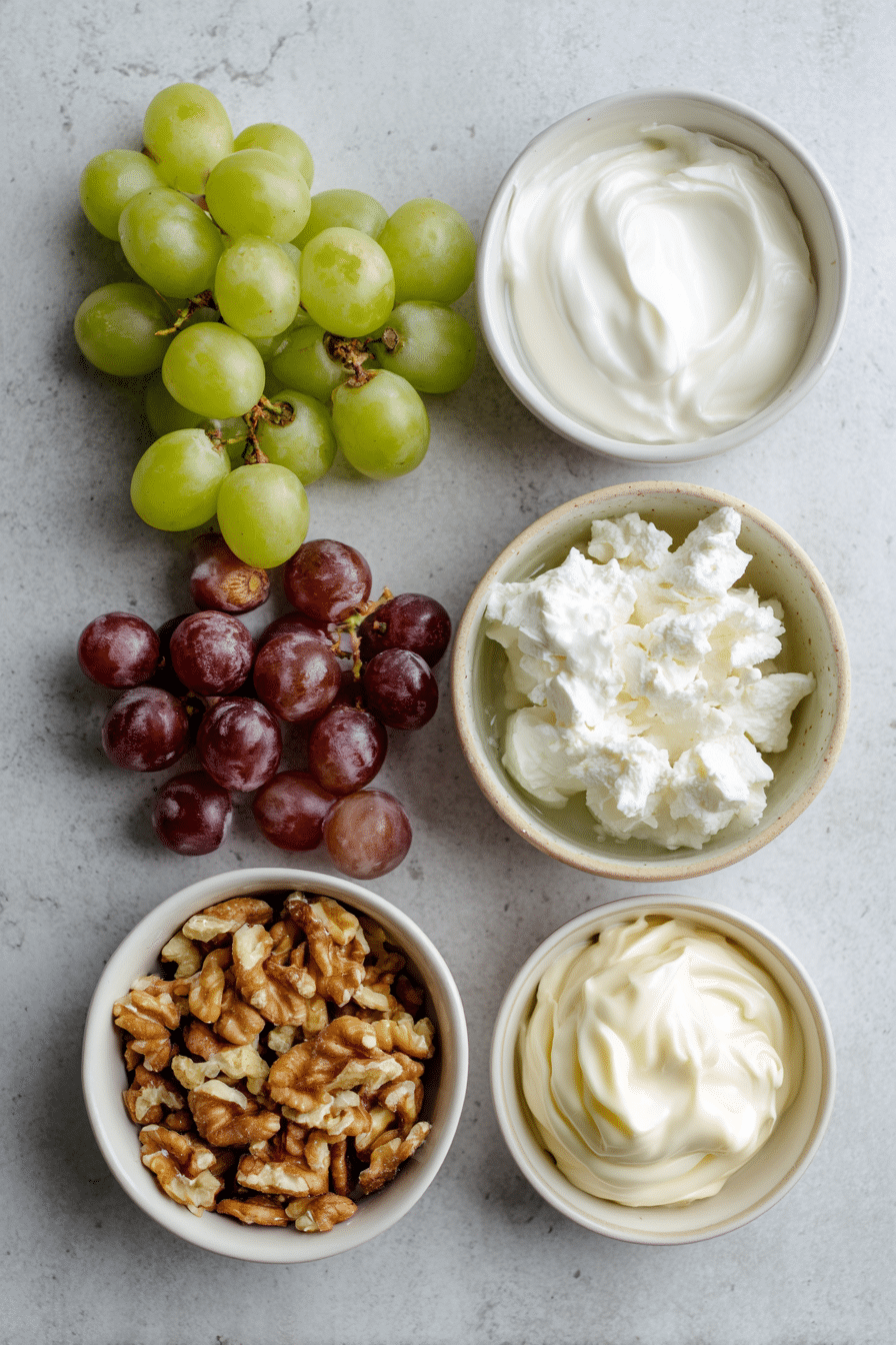 Flat lay of fresh ingredients for Waldorf Salad, including Granny Smith apples, red grapes, celery ribs, and walnuts.