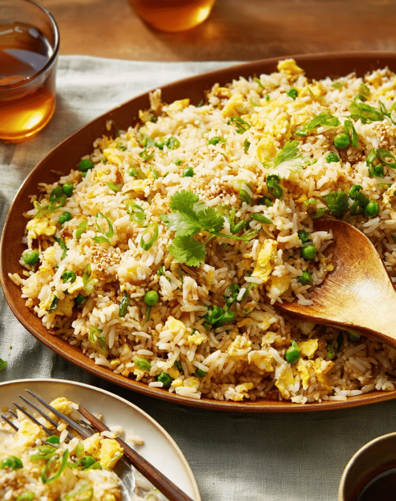 A serving of Fried Rice in a ceramic bowl, garnished with scallions, set on a rustic wooden table.