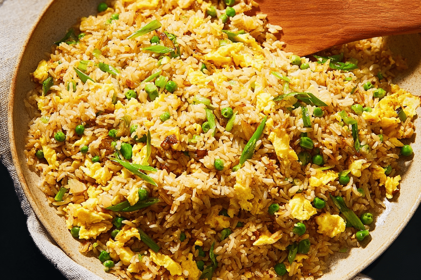 A vibrant bowl of Fried Rice, each grain coated in golden egg, topped with fresh scallions and red chili.