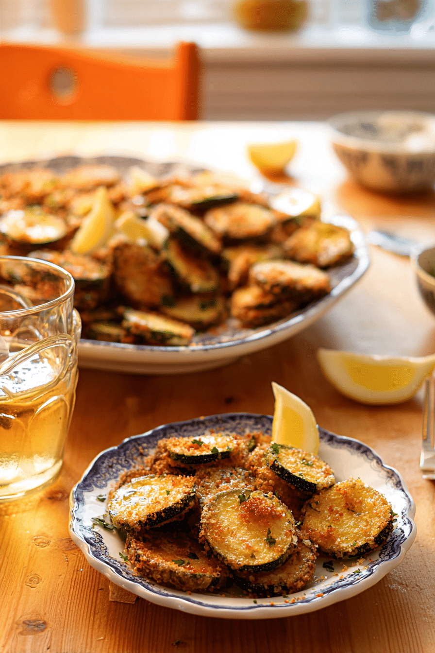 A casual serving scene with a platter of Fried Zucchini placed on a rustic wooden table, accompanied by a small bowl of dipping sauce.
