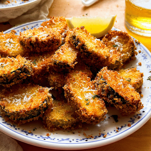 Golden Fried Zucchini spears resting on a white plate, showcasing their irresistible cornstarch-panko shatter-crust.