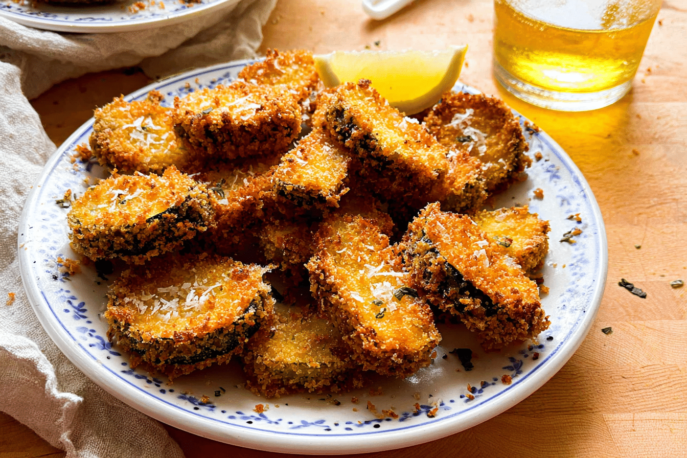 Golden Fried Zucchini spears resting on a white plate, showcasing their irresistible cornstarch-panko shatter-crust.