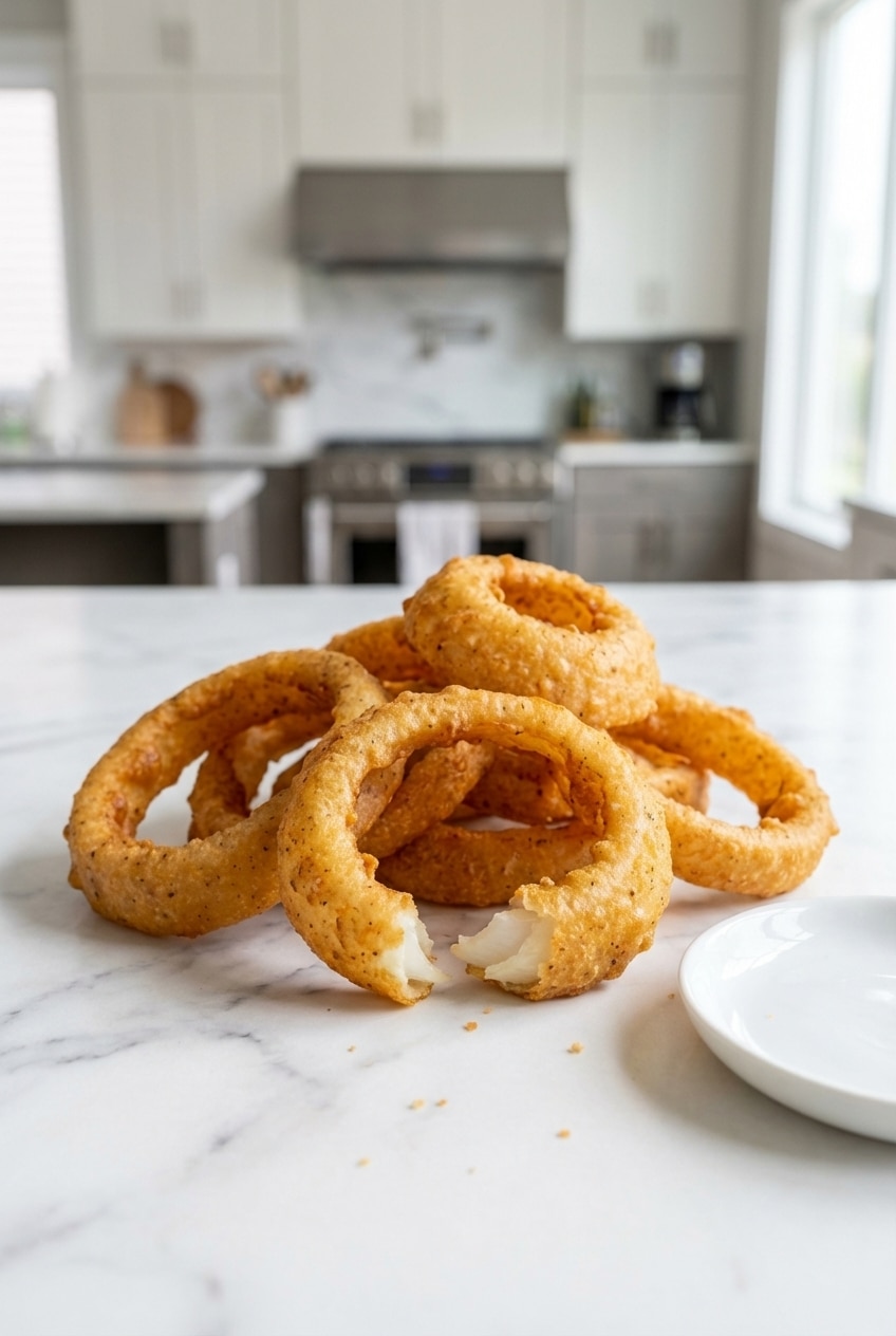 Golden onion rings being carefully removed from a deep fryer with a slotted spoon, oil dripping away, ready for the wire cooling rack.