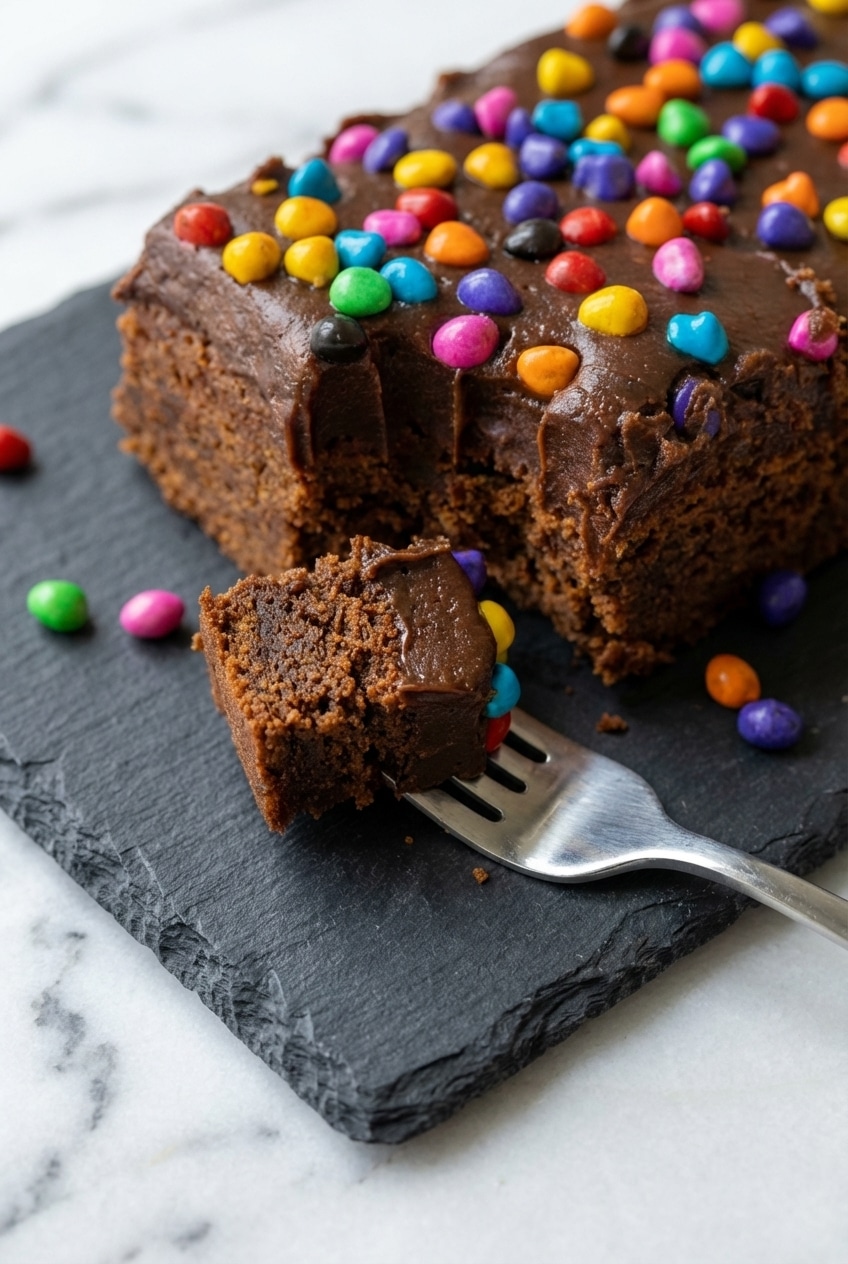 Close-up of a cut copycat cosmic brownie, revealing its dense, fudgy interior and the smooth ganache layer with sprinkled candies.