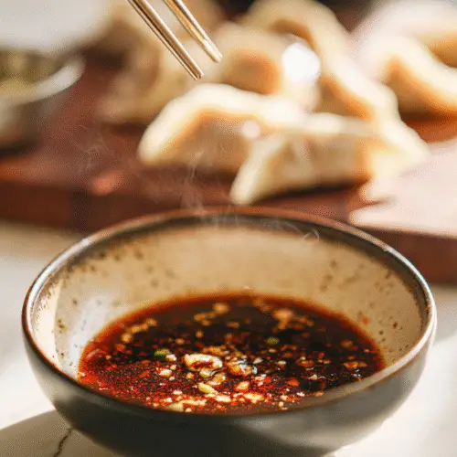 A vibrant bowl of homemade dumpling sauce, rich with freshly grated ginger and minced scallion whites, served with plump potstickers.