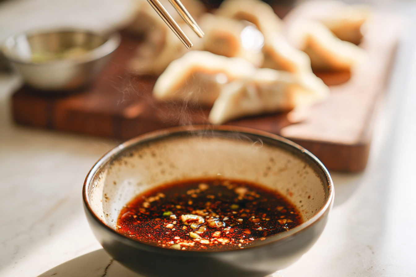 A vibrant bowl of homemade dumpling sauce, rich with freshly grated ginger and minced scallion whites, served with plump potstickers.