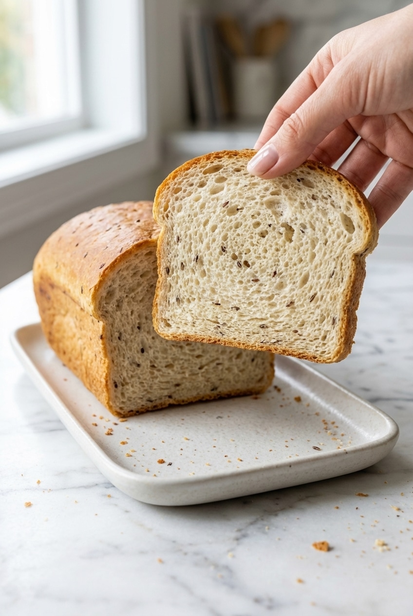 Serving slices of the freshly baked gluten free bread recipe on a wooden cutting board with a knife.