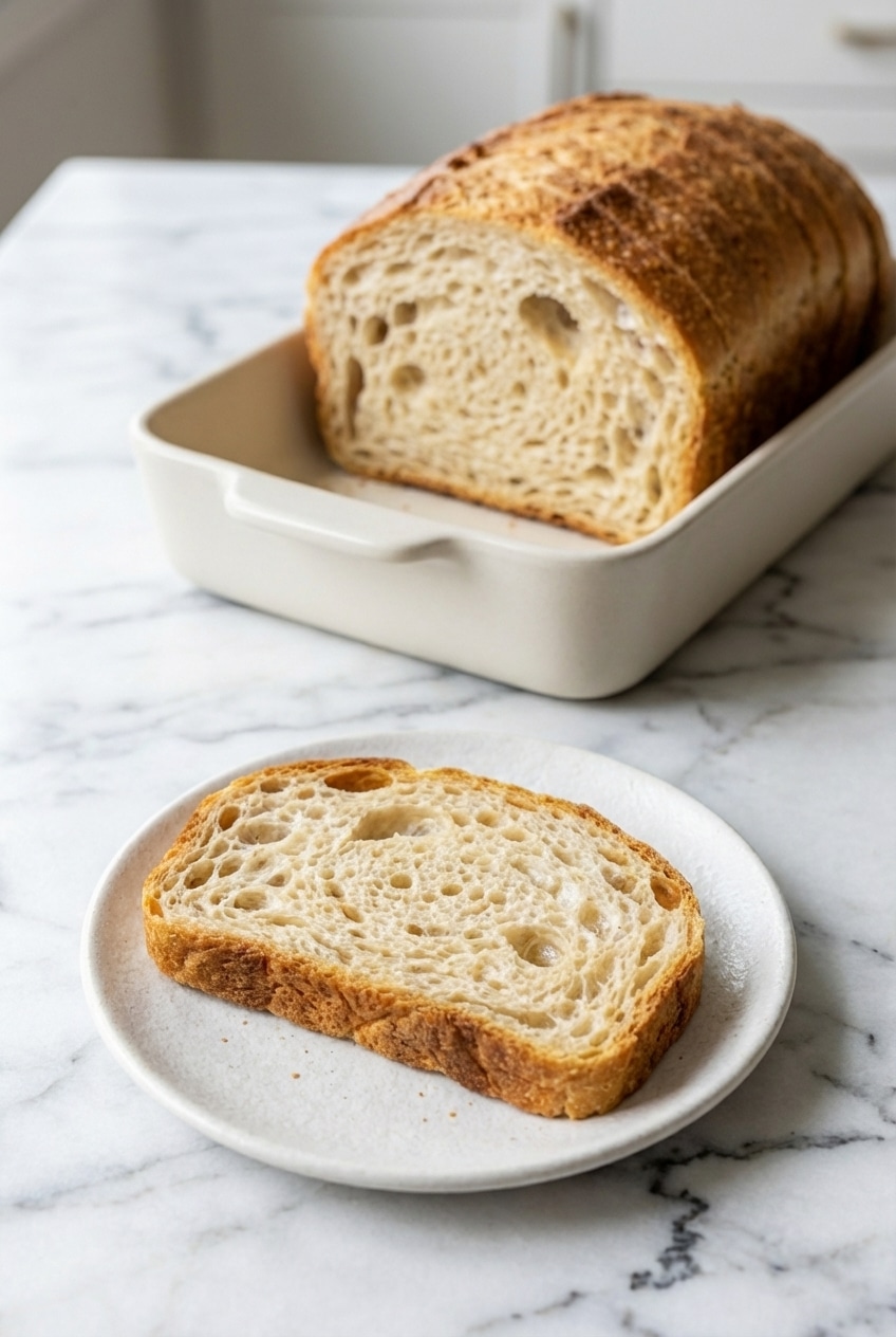 Close-up of the interior crumb of a gluten free bread recipe slice, showcasing its open, tender texture.