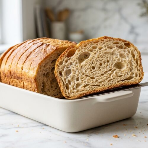 Slices of gluten free bread recipe showing a light, airy crumb structure thanks to the carbonated lift method.